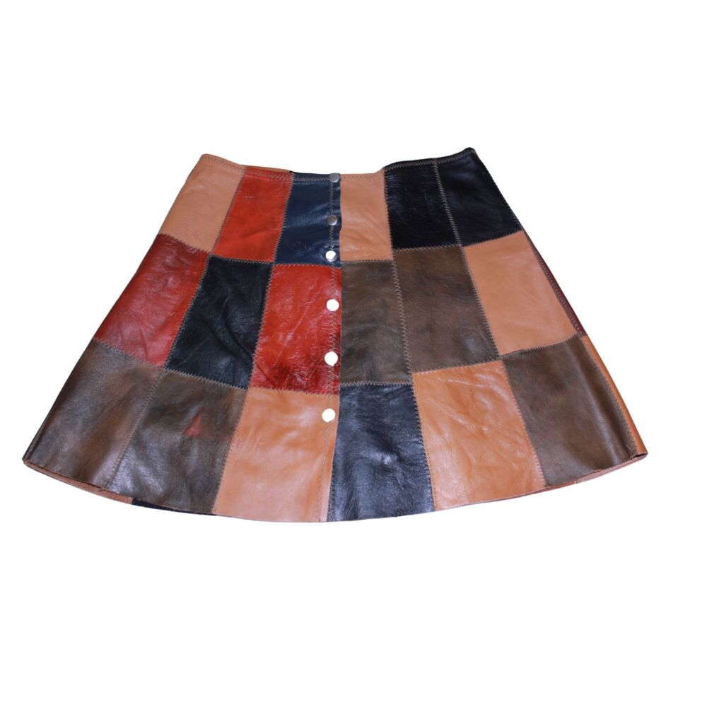 Vintage 1970s Patchwork Leather Mini Skirt Brown Red Black Snap Front XS